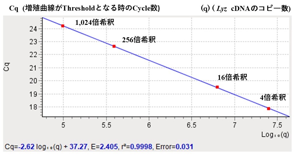 ヒトリゾチーム遺伝子(Lyz)発現量における直線回帰による検量線